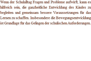Wenn der Schulalltag Fragen und Probleme aufwirft, kann es hilfreich sein, die ganzheitliche Entwicklung des Kindes zu begleiten und gemeinsam bessere Voraussetzungen für das Lernen zu schaffen. Insbesondere die Bewegungsentwicklung ist Grundlage für das Gelingen der schulischen Anforderungen. 